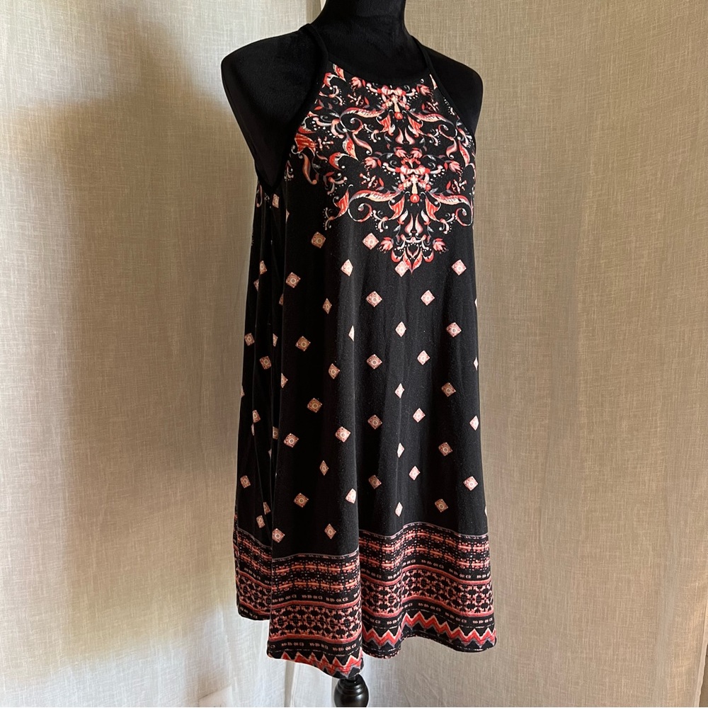 Black Dress with Pink and White Pattern.